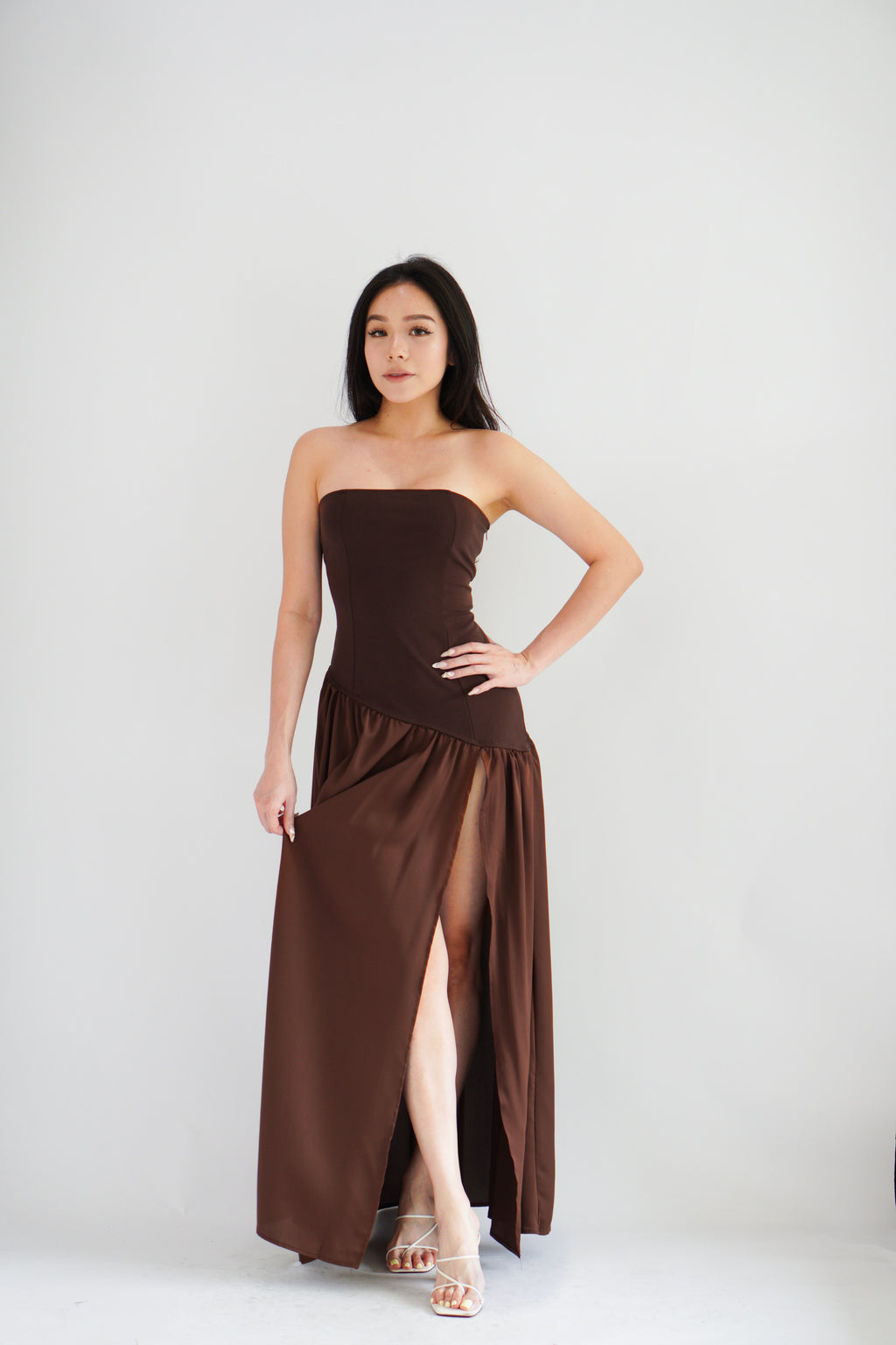 Yina Tube Asymmetrical Maxi Slit Dress with Sash in Brown