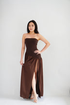 Yina Tube Asymmetrical Maxi Slit Dress with Sash in Brown