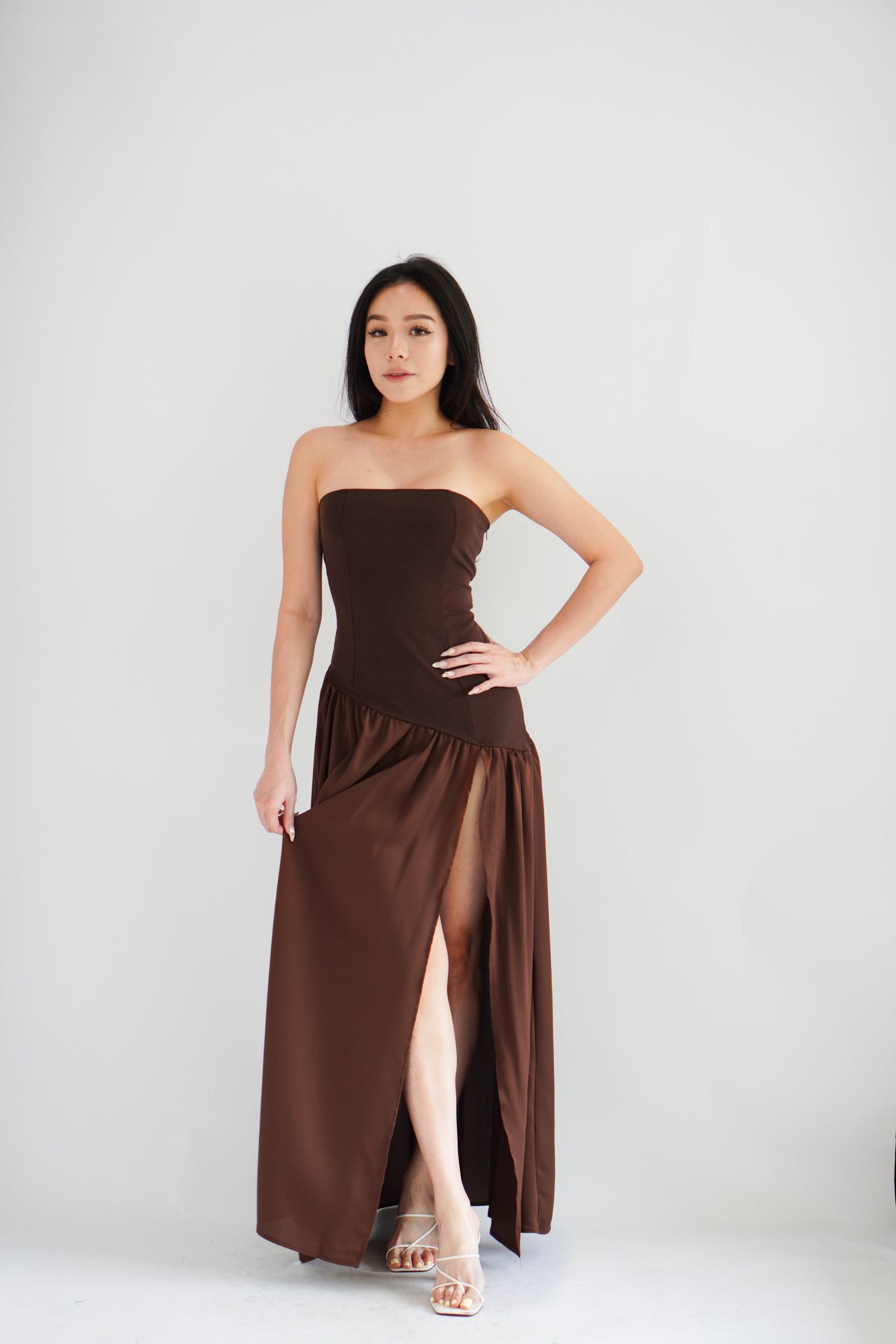 Yina Tube Asymmetrical Maxi Slit Dress with Sash in Brown