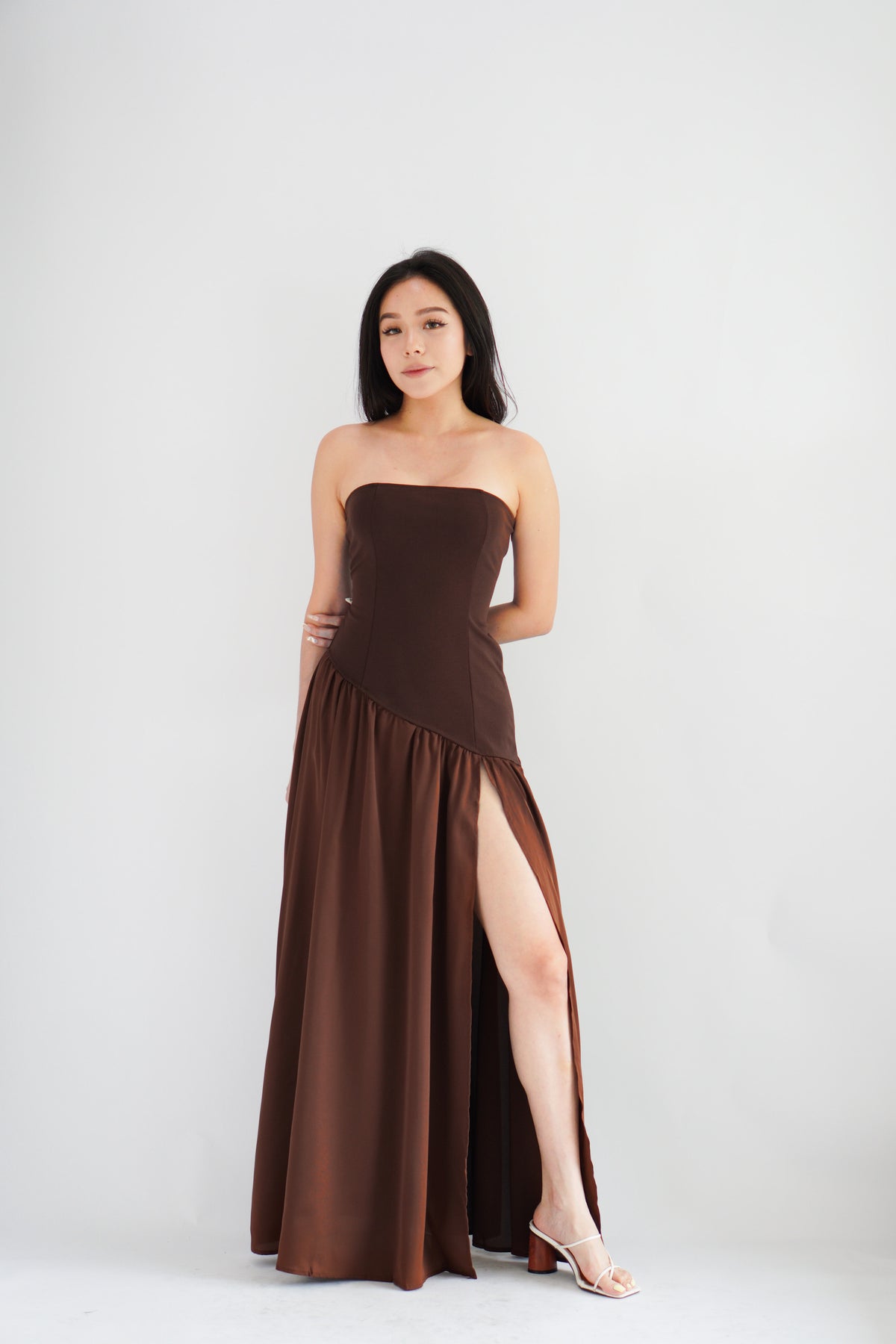 Yina Tube Asymmetrical Maxi Slit Dress with Sash in Brown