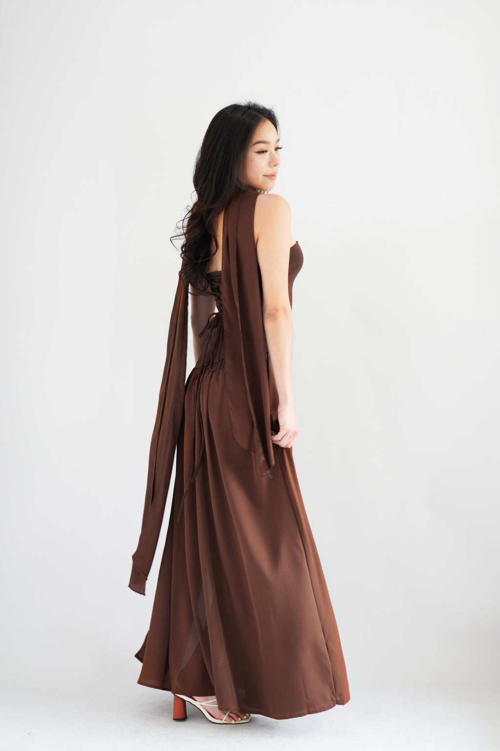 Yina Tube Asymmetrical Maxi Slit Dress with Sash in Brown