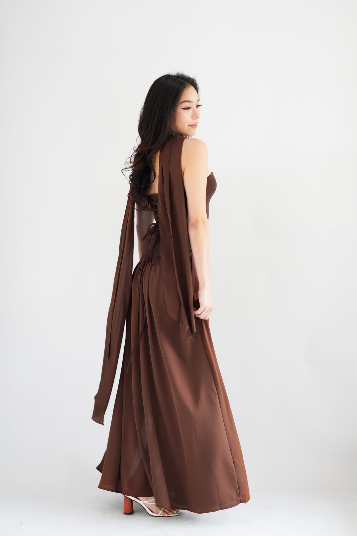 Yina Tube Asymmetrical Maxi Slit Dress with Sash in Brown