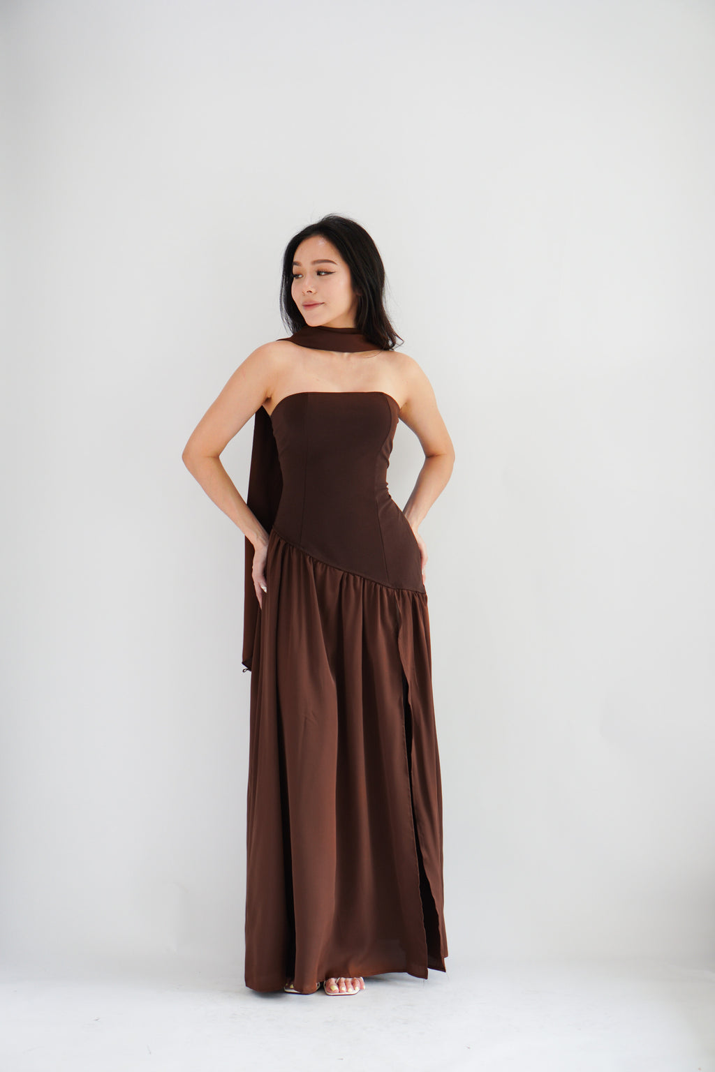 Yina Tube Asymmetrical Maxi Slit Dress with Sash in Brown