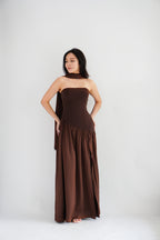Yina Tube Asymmetrical Maxi Slit Dress with Sash in Brown