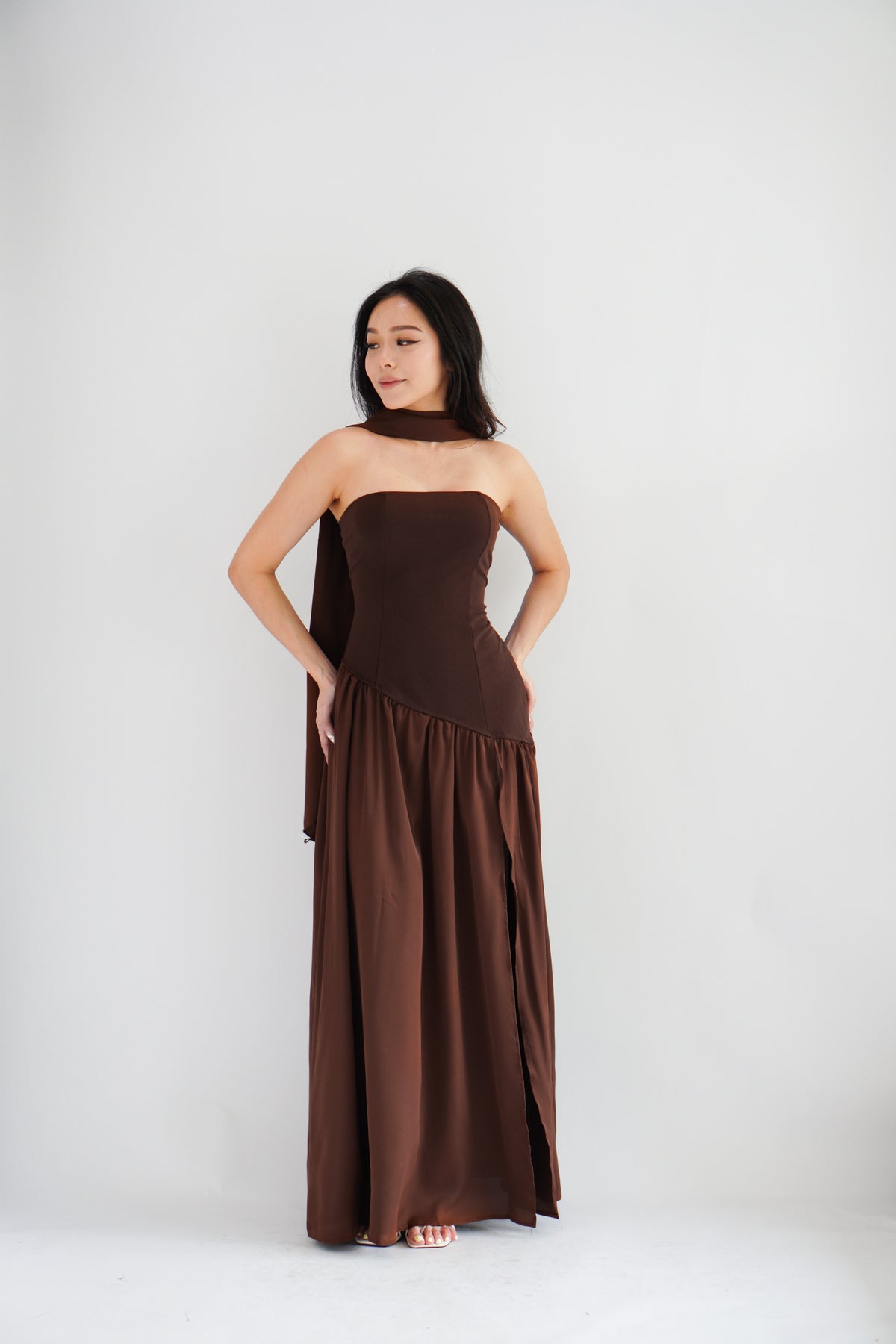 Yina Tube Asymmetrical Maxi Slit Dress with Sash in Brown