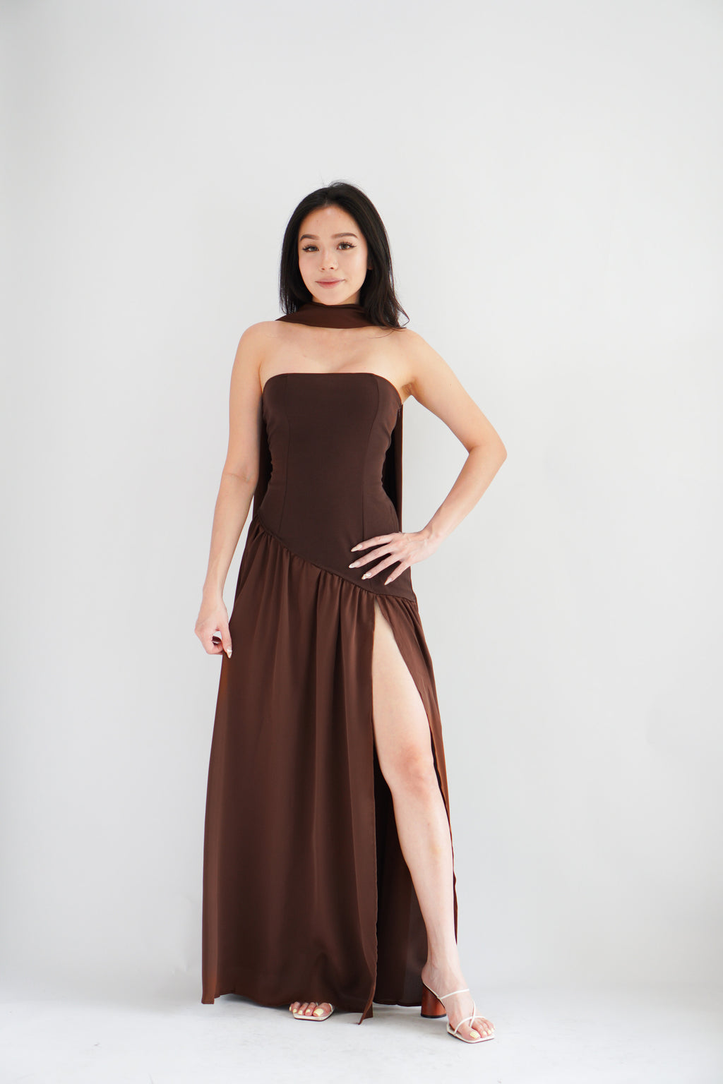 Yina Tube Asymmetrical Maxi Slit Dress with Sash in Brown