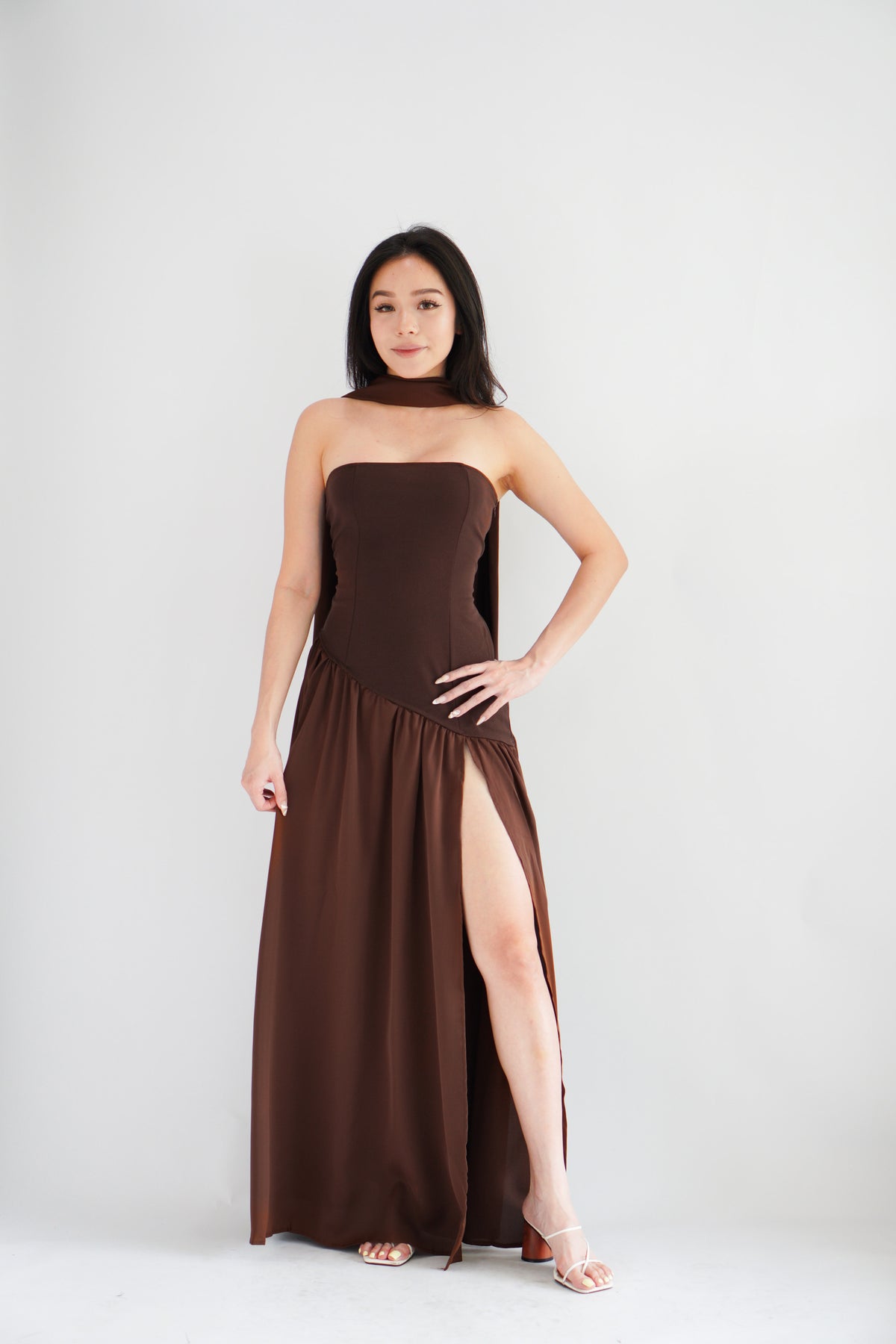 Yina Tube Asymmetrical Maxi Slit Dress with Sash in Brown