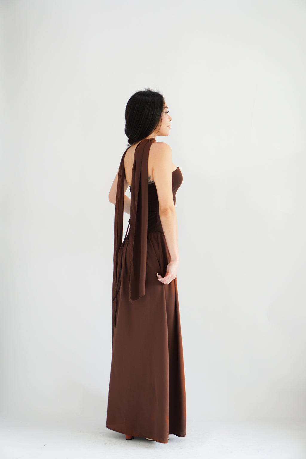 Yina Tube Asymmetrical Maxi Slit Dress with Sash in Brown