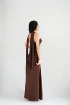 Yina Tube Asymmetrical Maxi Slit Dress with Sash in Brown