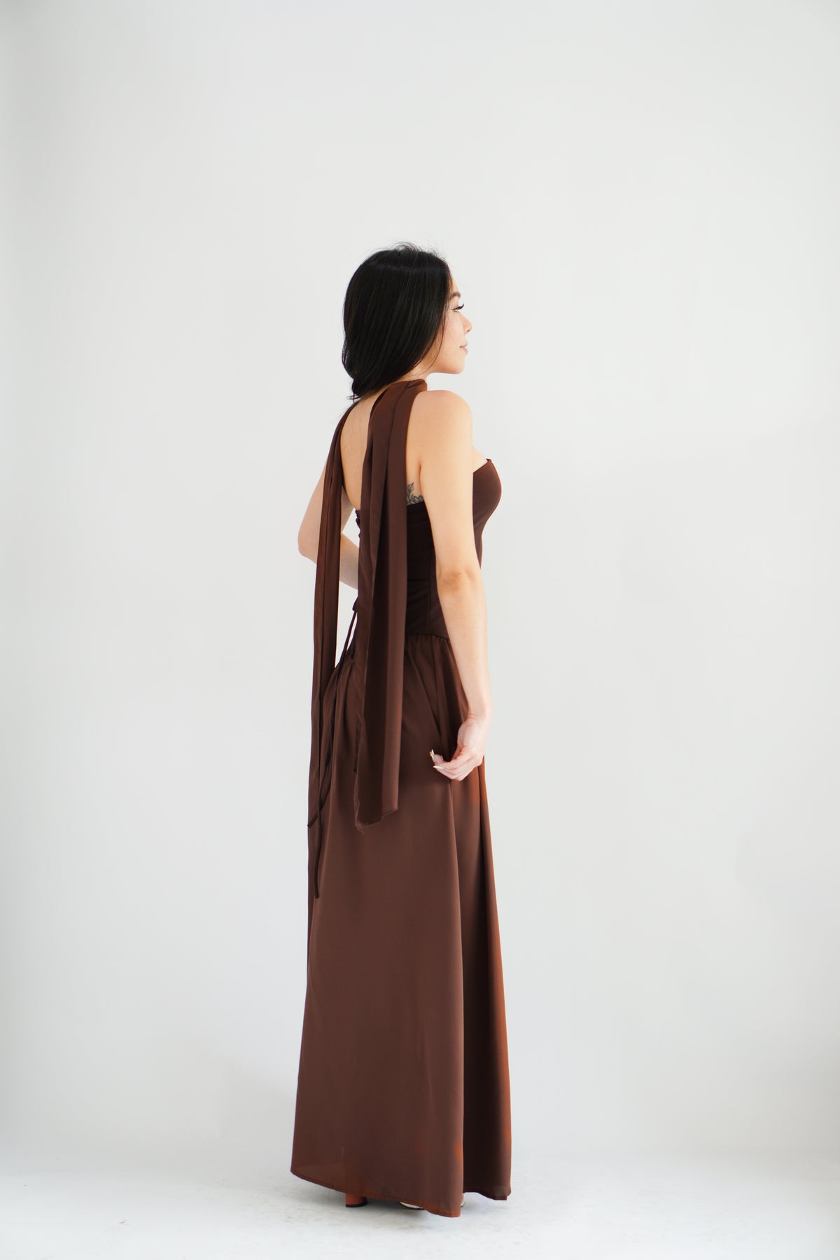 Yina Tube Asymmetrical Maxi Slit Dress with Sash in Brown