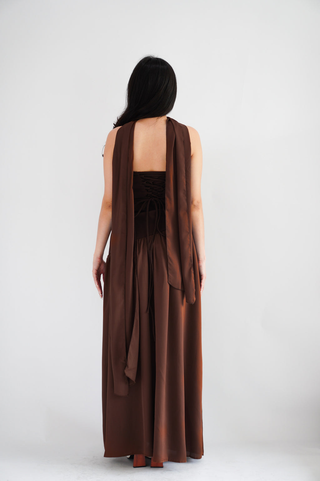 Yina Tube Asymmetrical Maxi Slit Dress with Sash in Brown