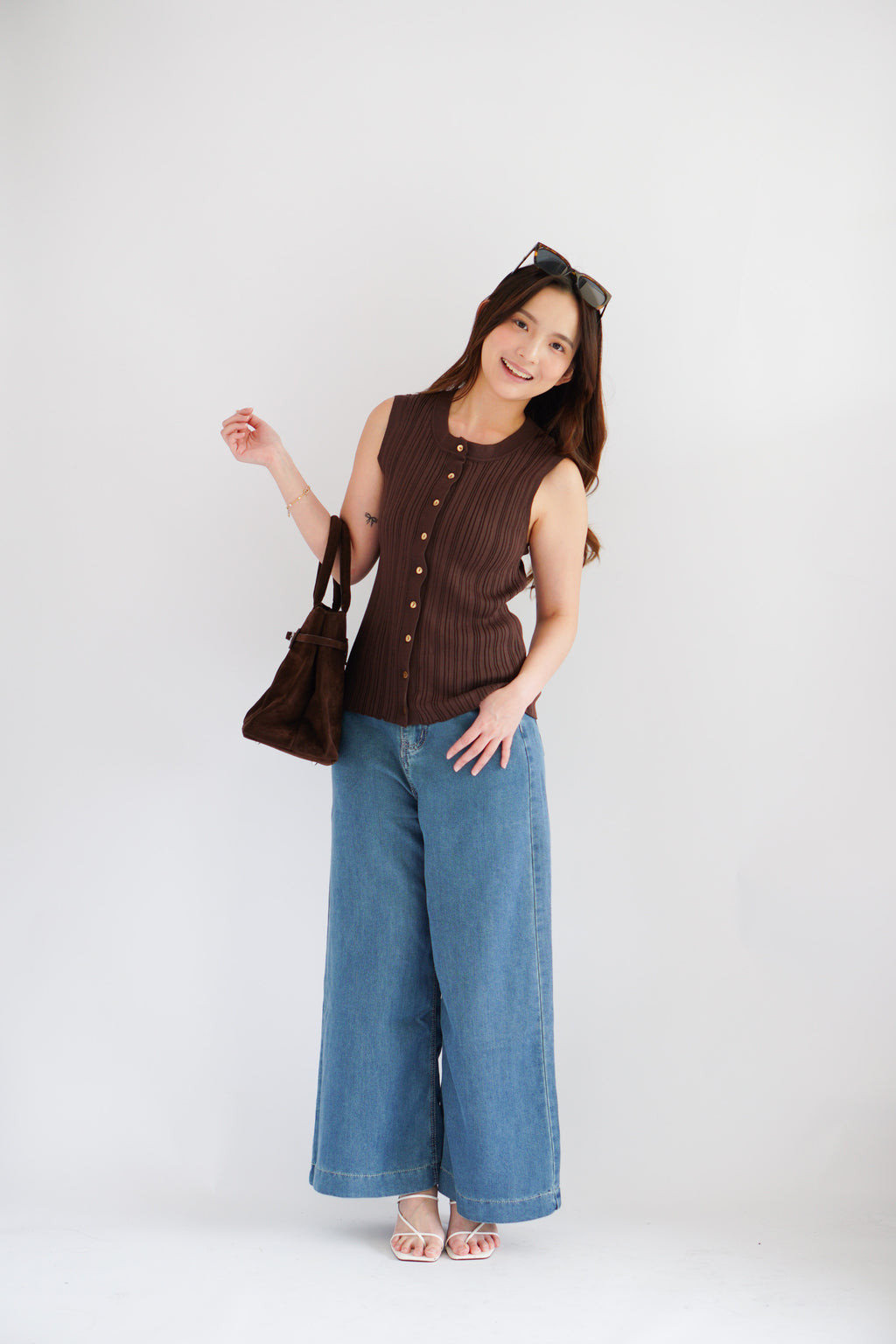 Noelle Button Down Sleeveless Knit Top in Brown