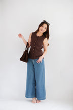 Noelle Button Down Sleeveless Knit Top in Brown