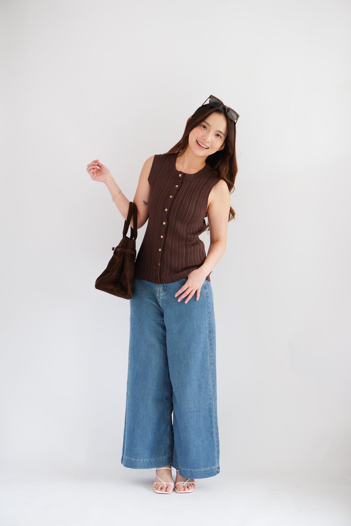 Noelle Button Down Sleeveless Knit Top in Brown