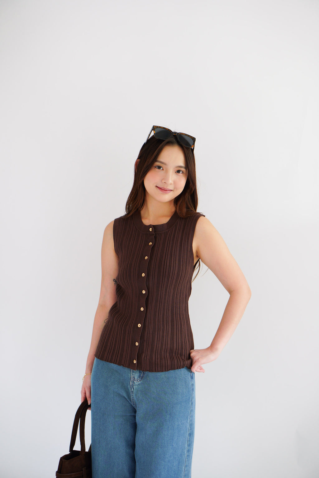 Noelle Button Down Sleeveless Knit Top in Brown
