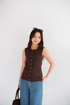 Noelle Button Down Sleeveless Knit Top in Brown