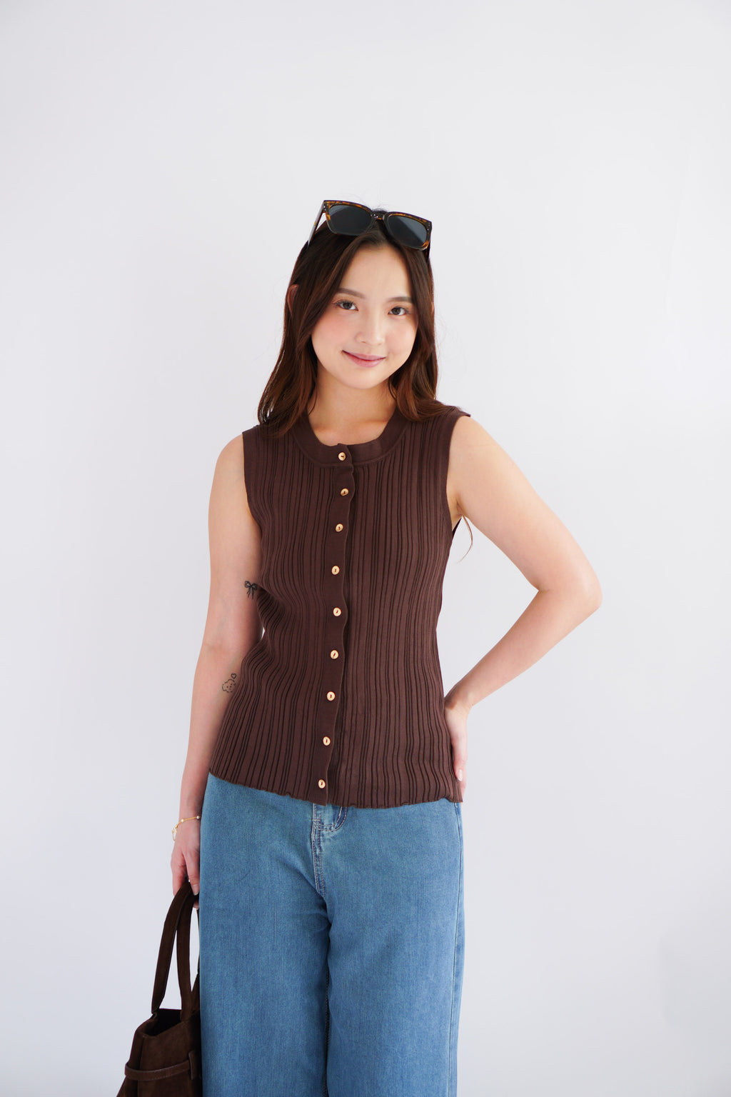 Noelle Button Down Sleeveless Knit Top in Brown