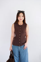 Noelle Button Down Sleeveless Knit Top in Brown