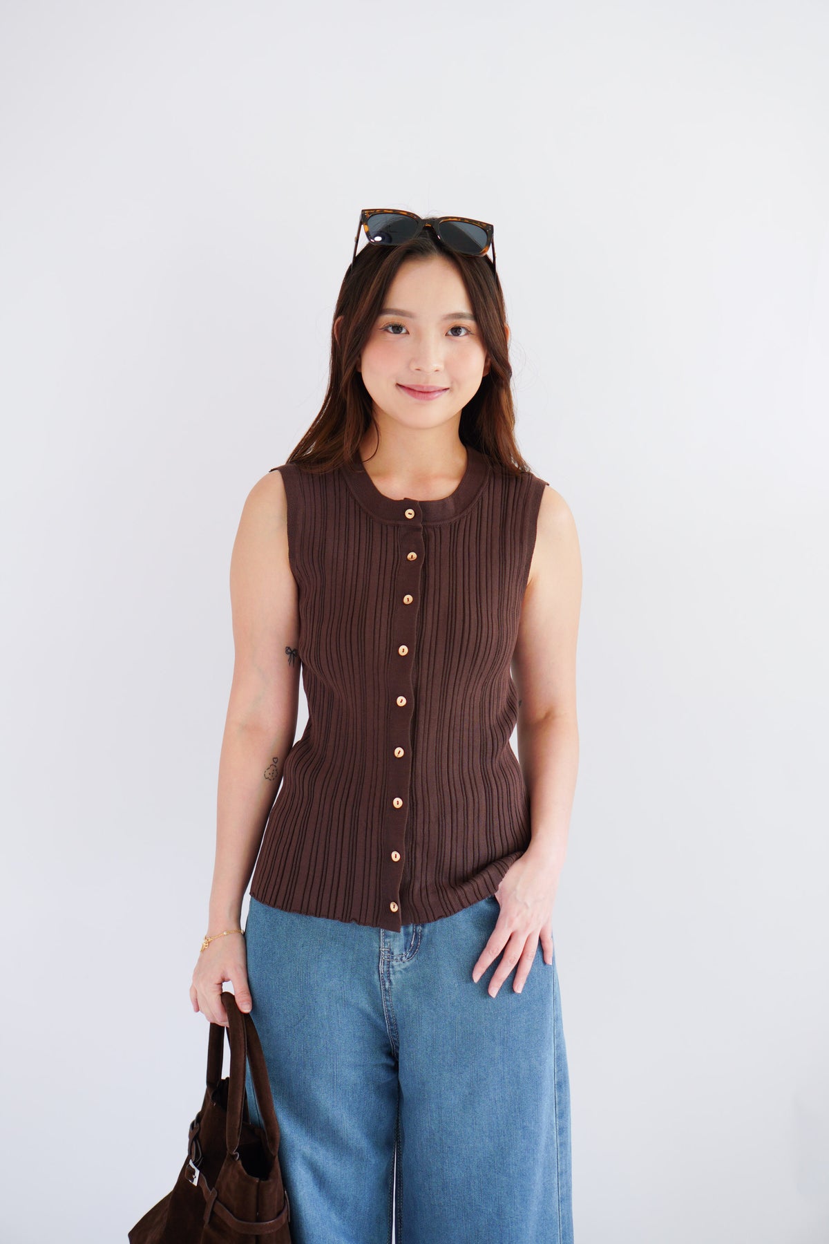 Noelle Button Down Sleeveless Knit Top in Brown