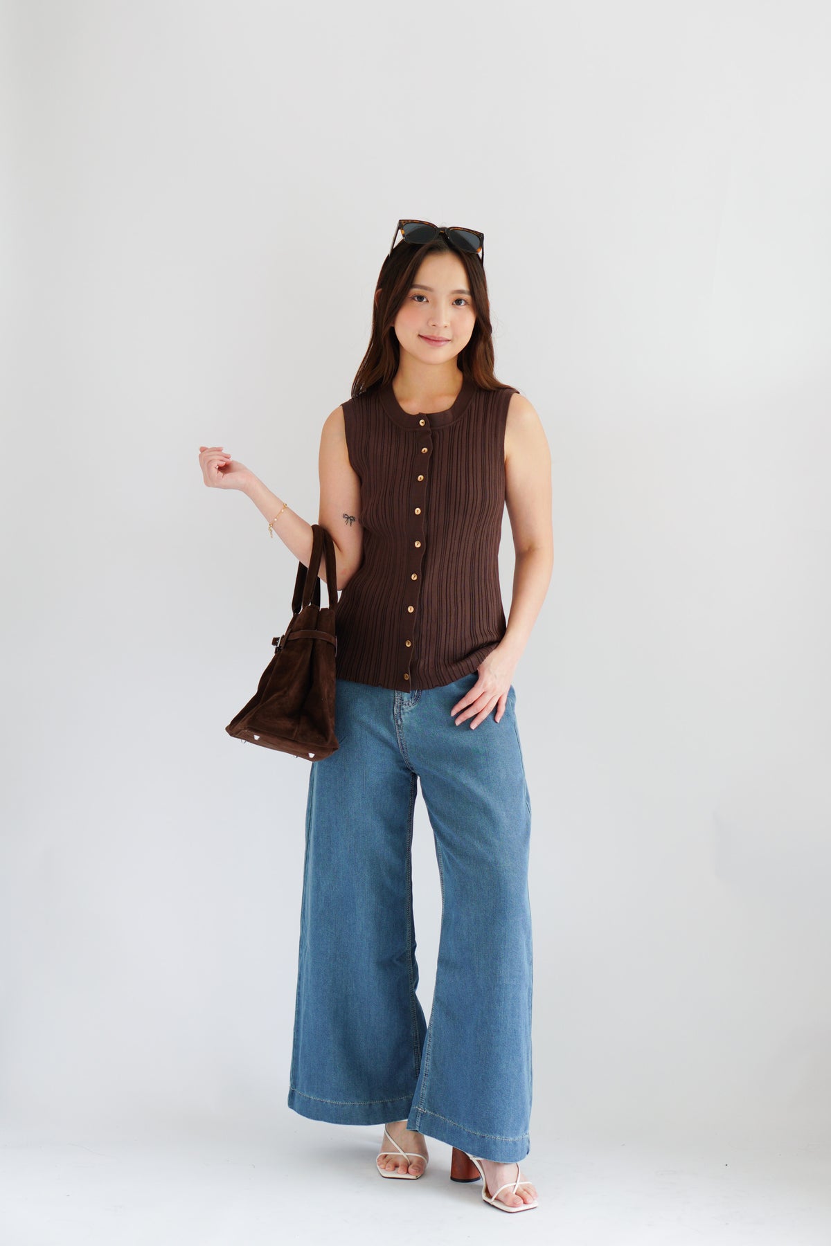 Noelle Button Down Sleeveless Knit Top in Brown