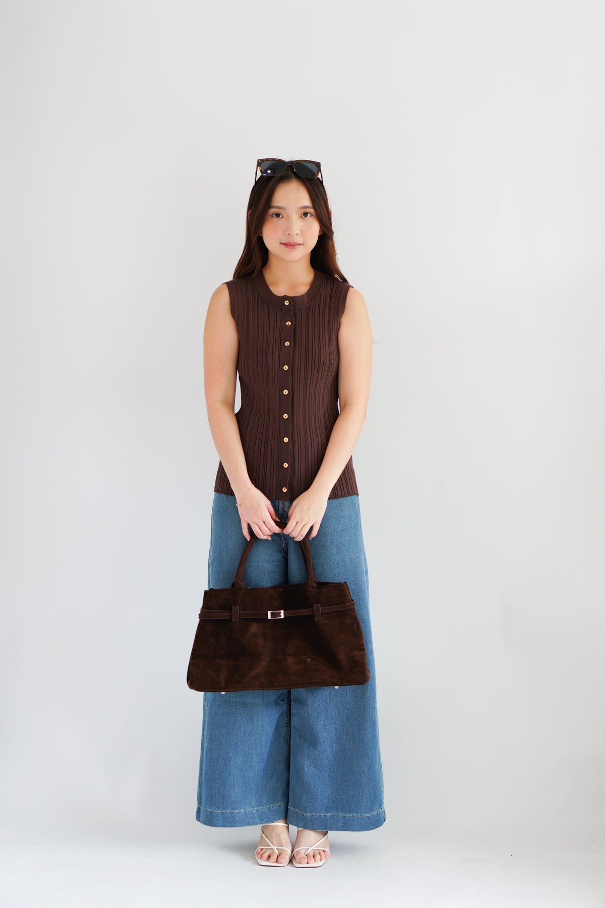 Noelle Button Down Sleeveless Knit Top in Brown