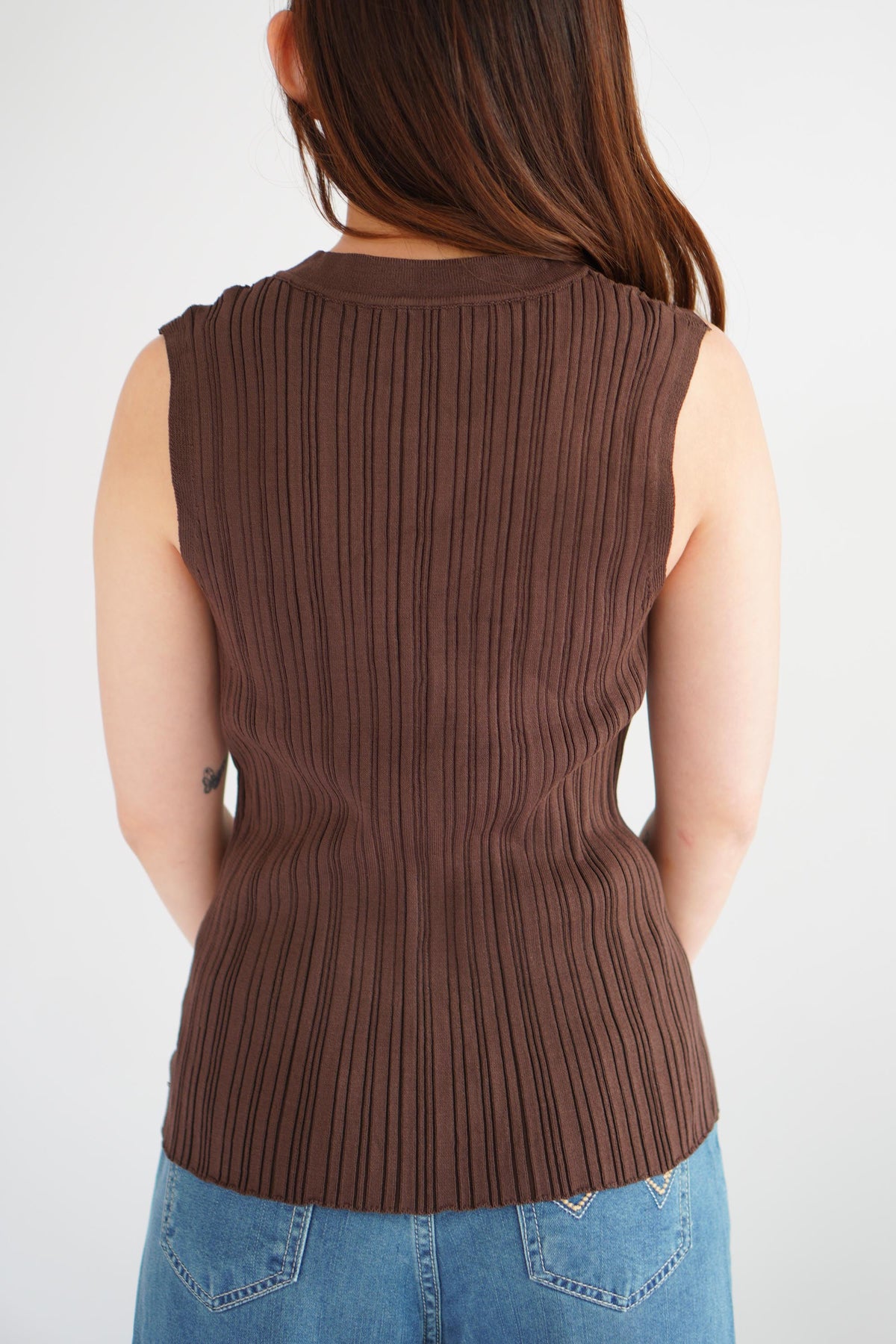 Noelle Button Down Sleeveless Knit Top in Brown