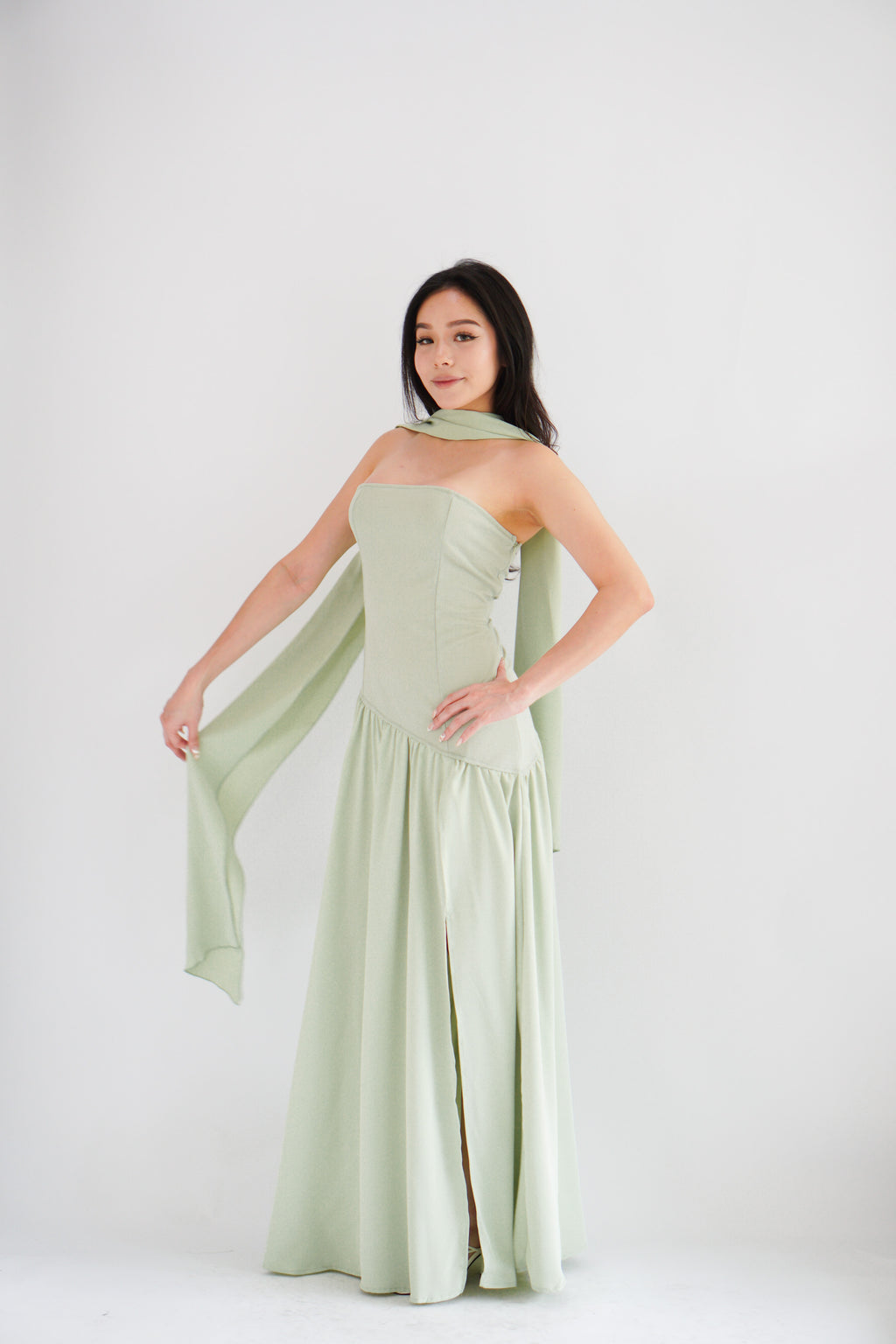 Yina Tube Asymmetrical Maxi Slit Dress with Sash in Green