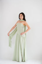 Yina Tube Asymmetrical Maxi Slit Dress with Sash in Green