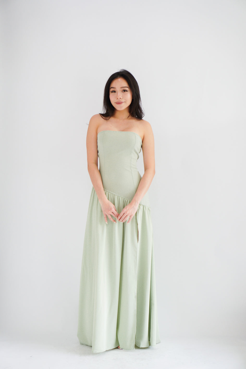 Yina Tube Asymmetrical Maxi Slit Dress with Sash in Green
