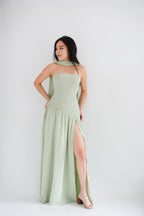Yina Tube Asymmetrical Maxi Slit Dress with Sash in Green