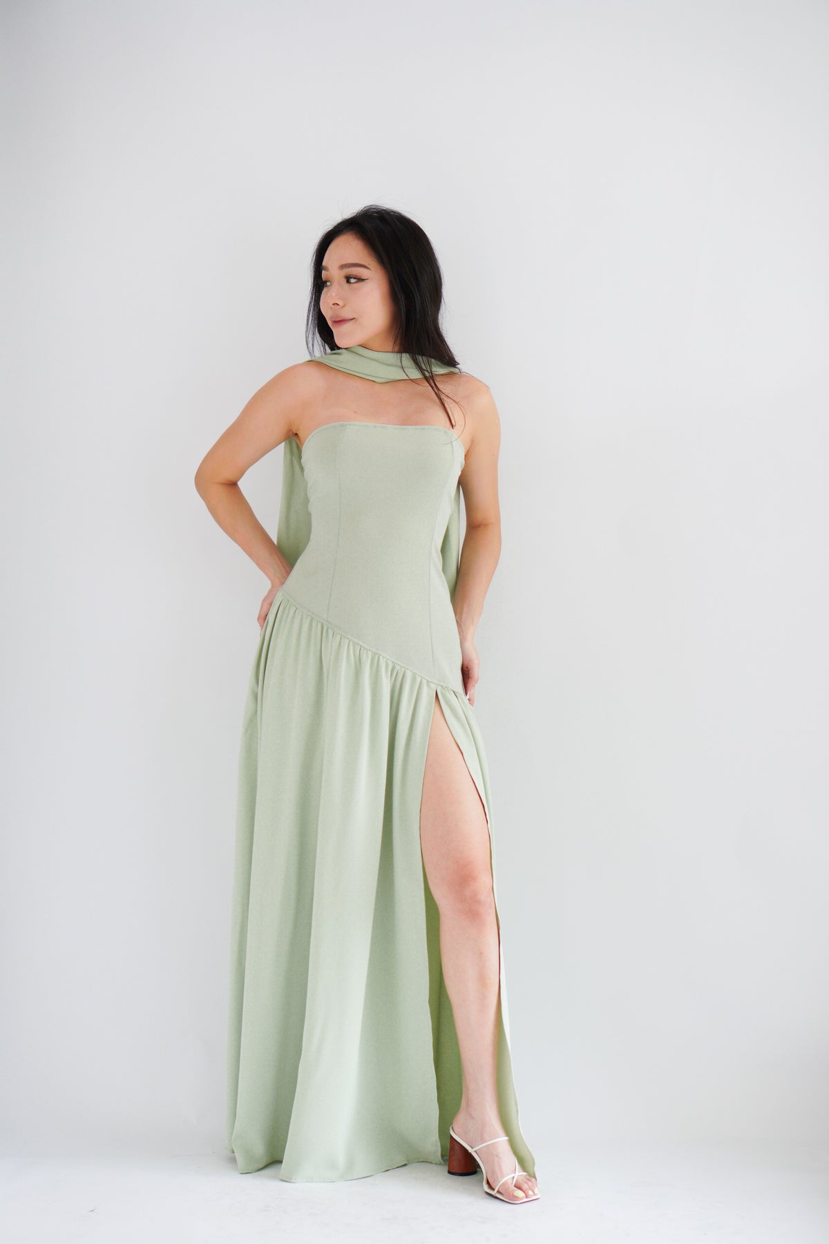 Yina Tube Asymmetrical Maxi Slit Dress with Sash in Green