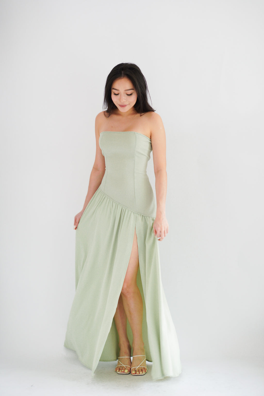 Yina Tube Asymmetrical Maxi Slit Dress with Sash in Green