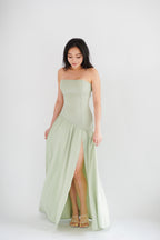 Yina Tube Asymmetrical Maxi Slit Dress with Sash in Green