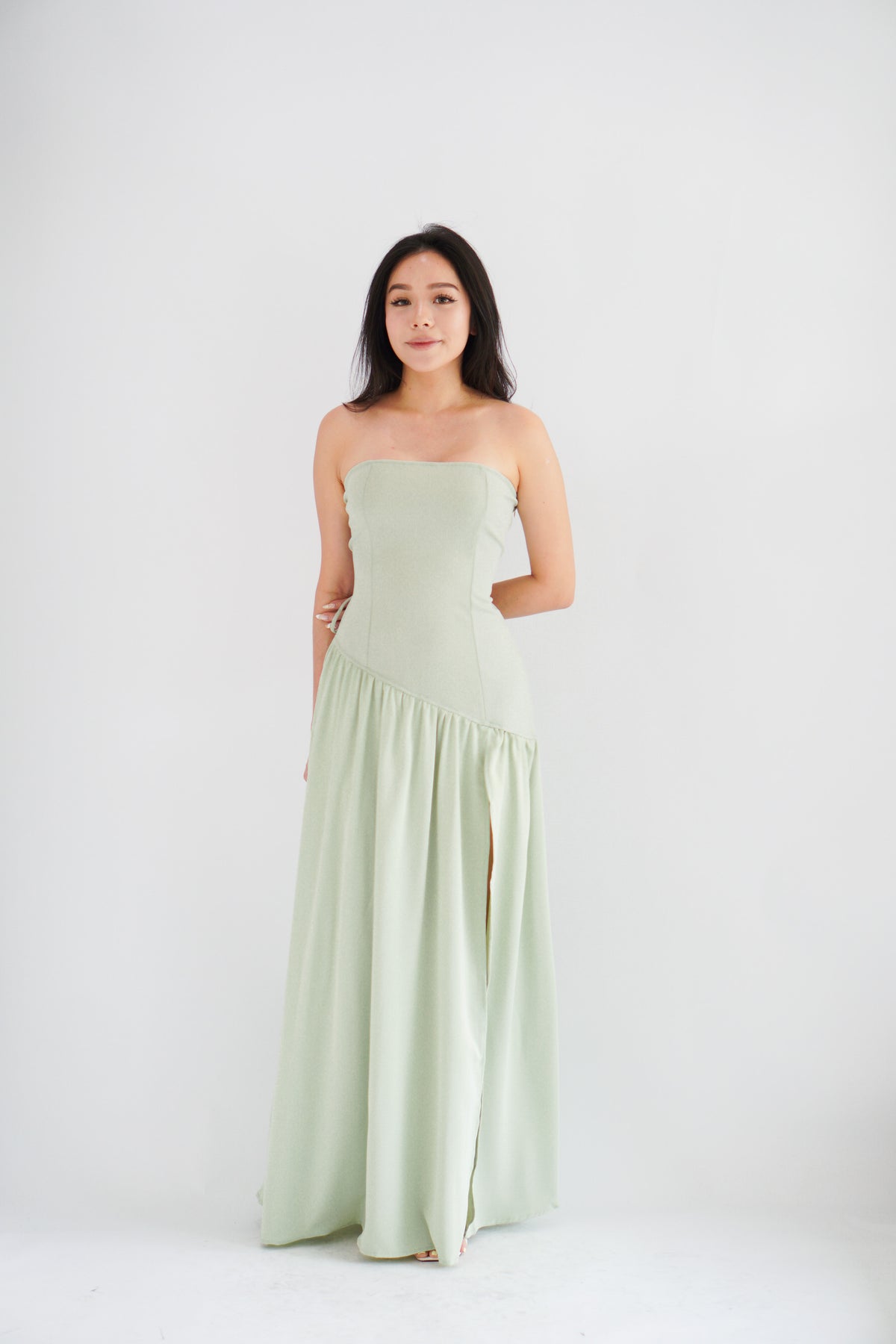 Yina Tube Asymmetrical Maxi Slit Dress with Sash in Green