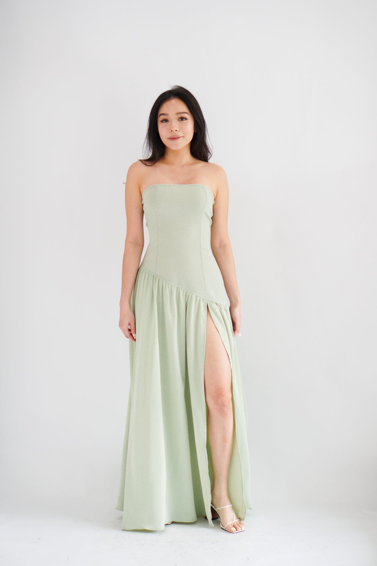 Yina Tube Asymmetrical Maxi Slit Dress with Sash in Green