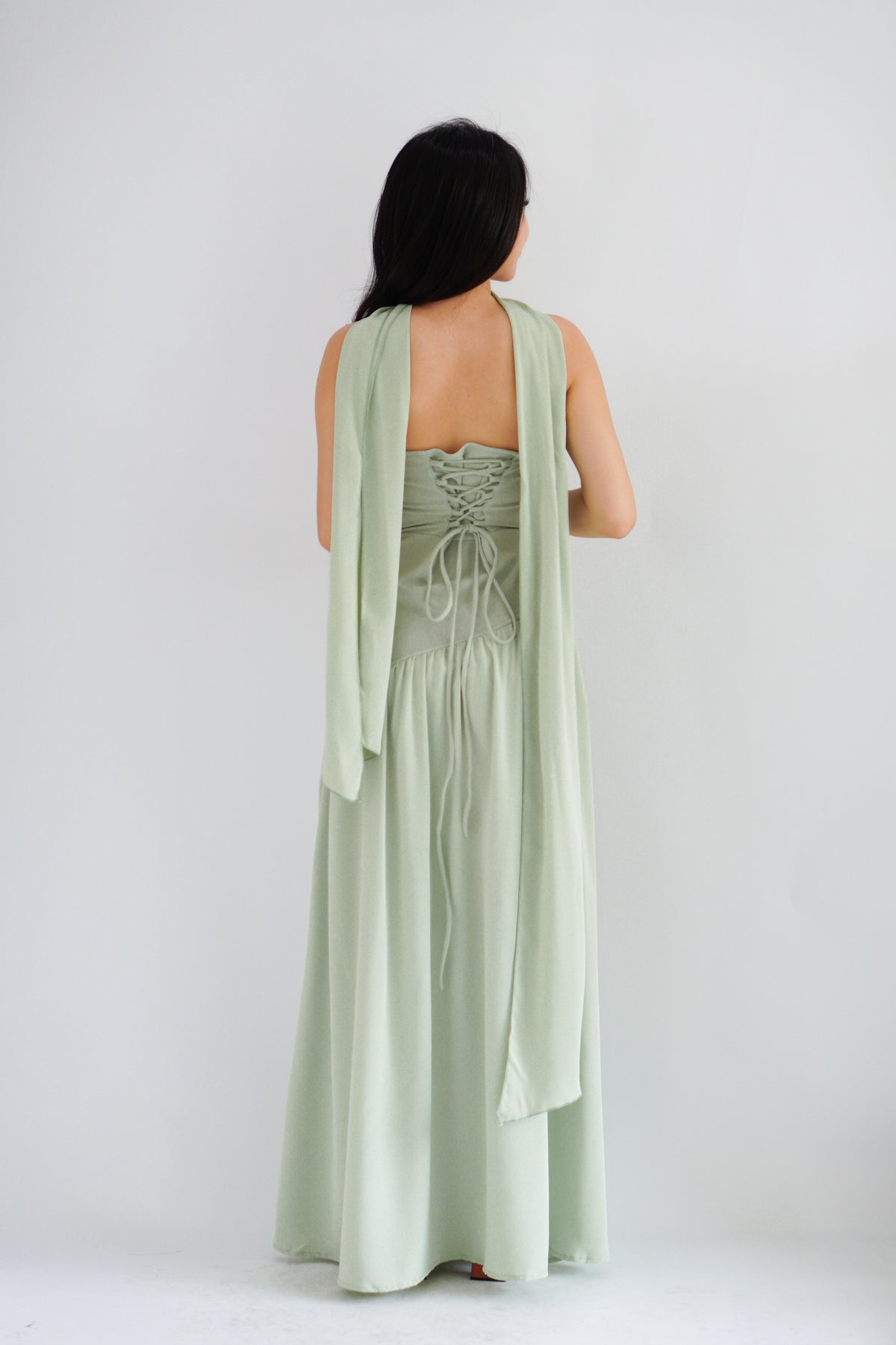 Yina Tube Asymmetrical Maxi Slit Dress with Sash in Green