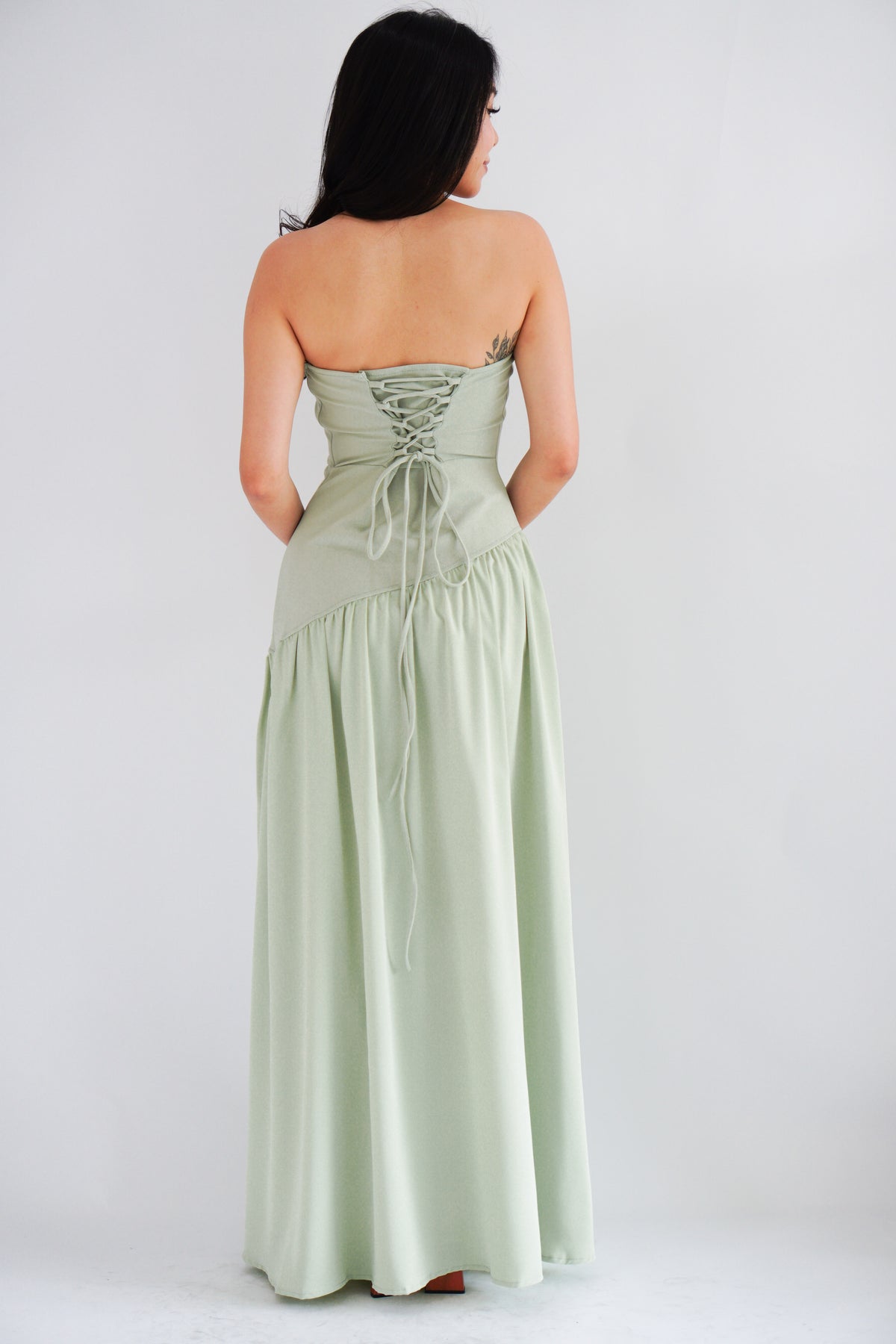 Yina Tube Asymmetrical Maxi Slit Dress with Sash in Green
