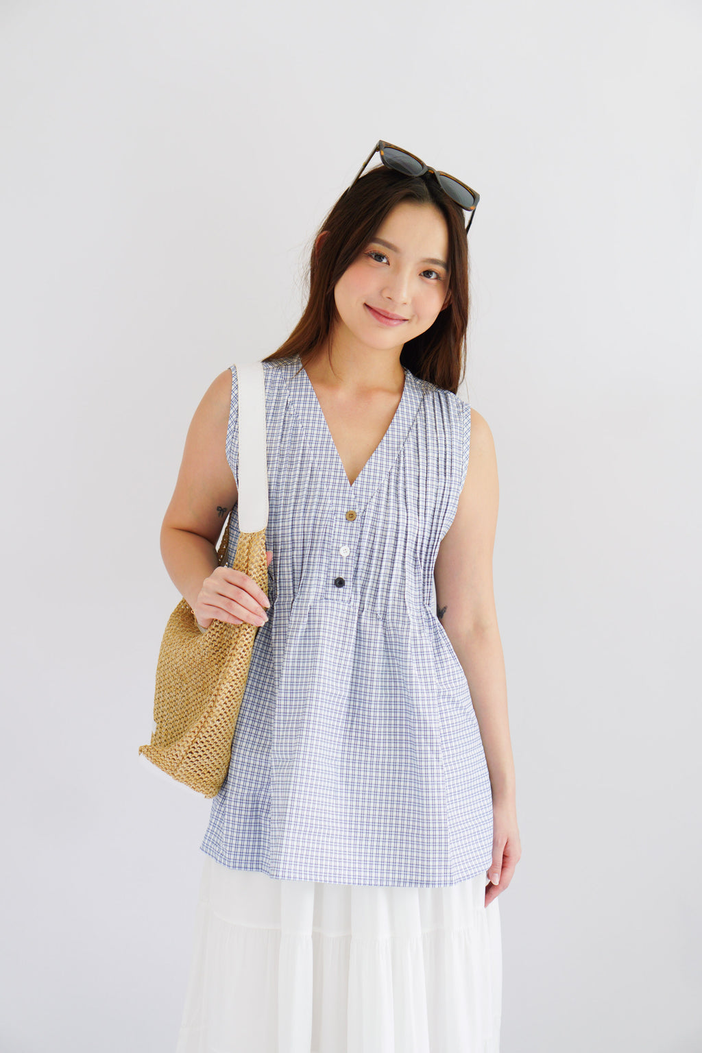 Marchie V Neck Flowy Windowpane Plaid Top