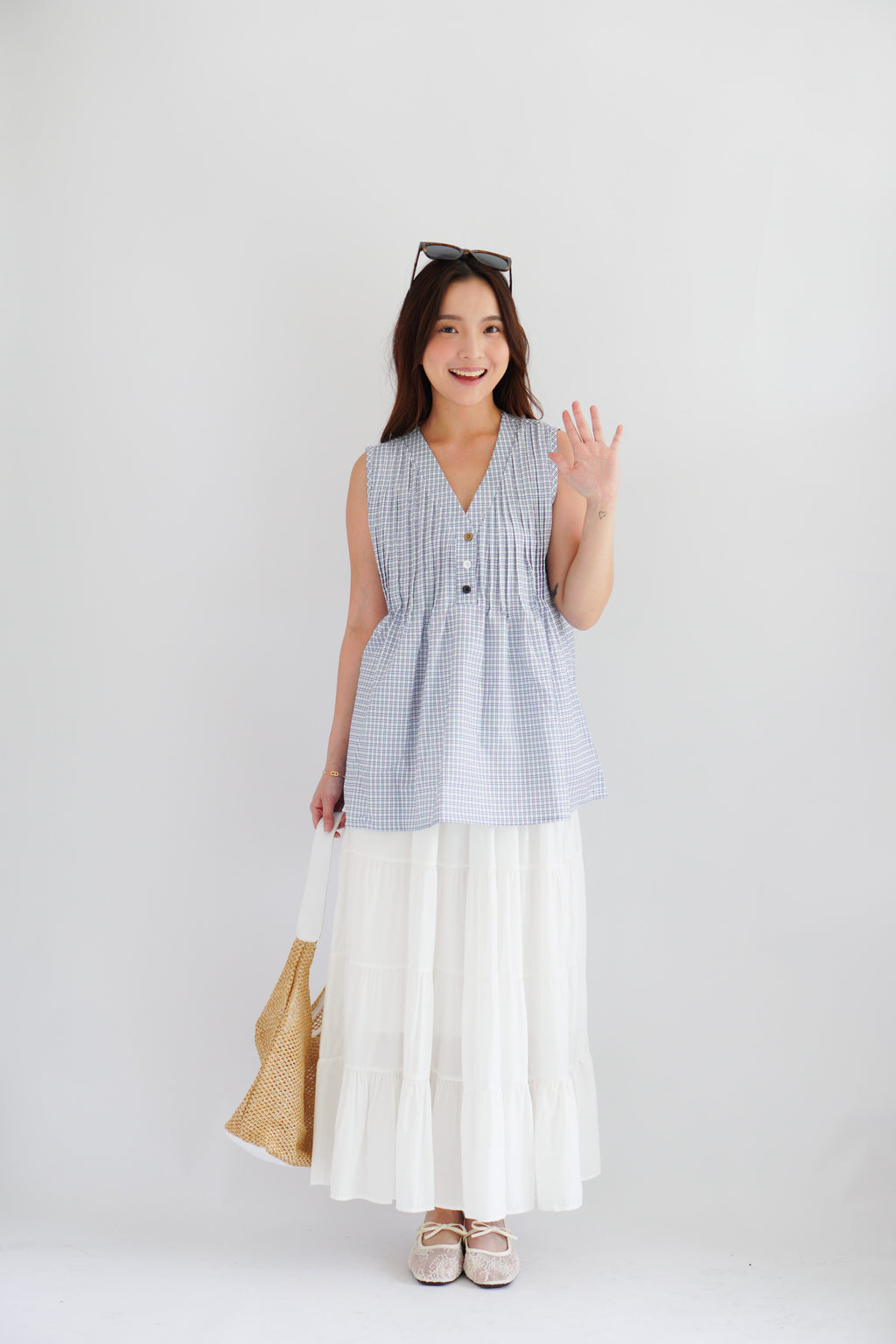 Marchie V Neck Flowy Windowpane Plaid Top
