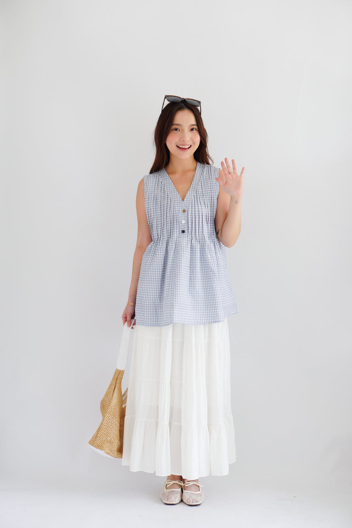 Marchie V Neck Flowy Windowpane Plaid Top