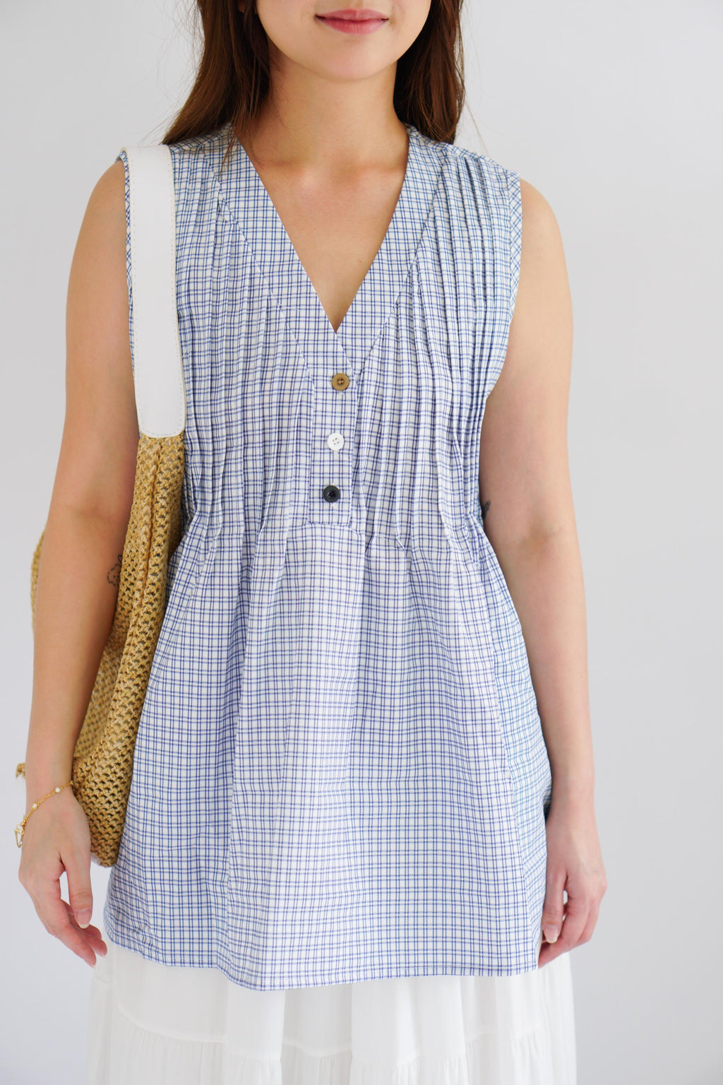 Marchie V Neck Flowy Windowpane Plaid Top