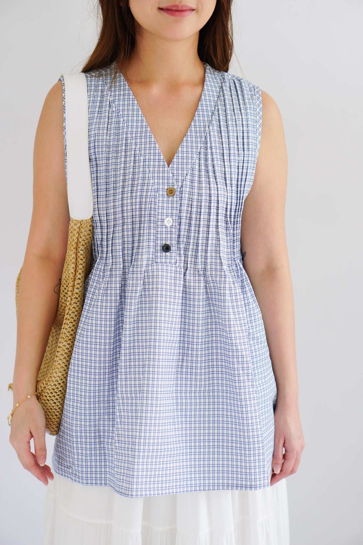 Marchie V Neck Flowy Windowpane Plaid Top