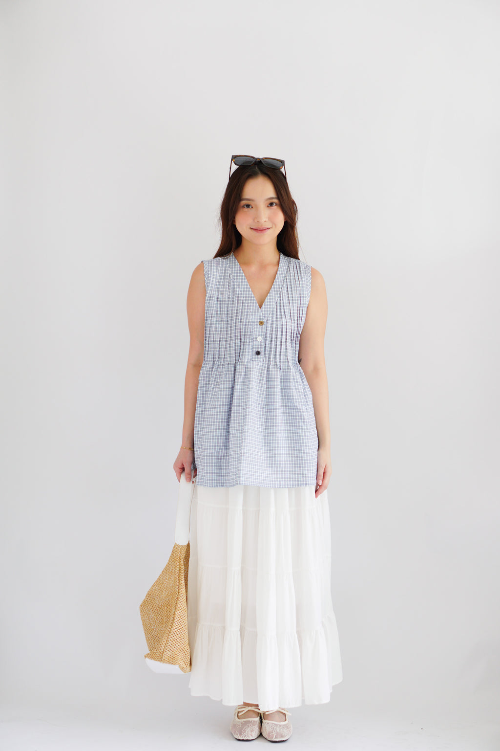 Marchie V Neck Flowy Windowpane Plaid Top
