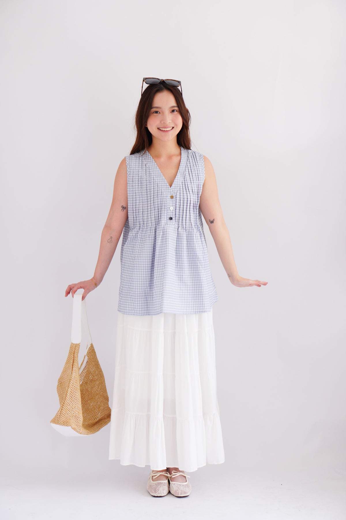 Marchie V Neck Flowy Windowpane Plaid Top