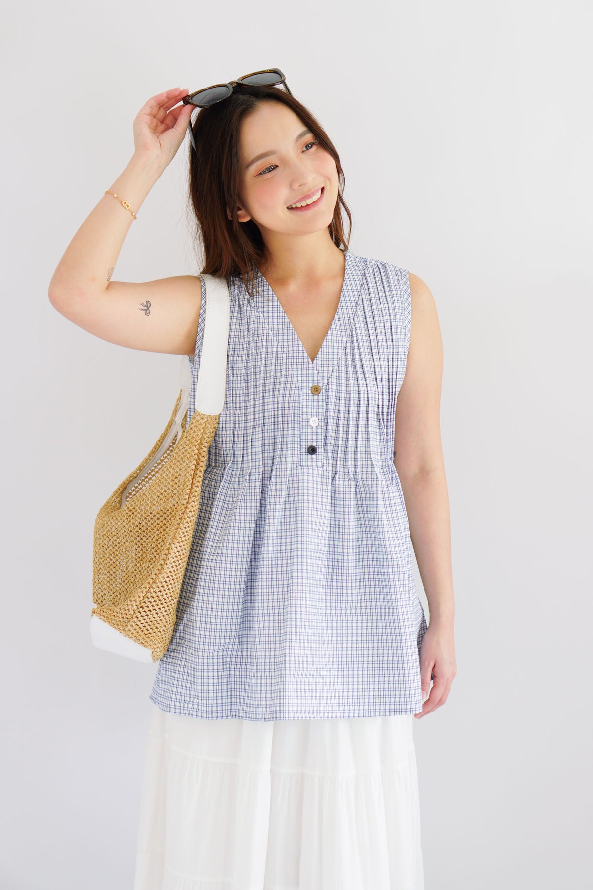 Marchie V Neck Flowy Windowpane Plaid Top