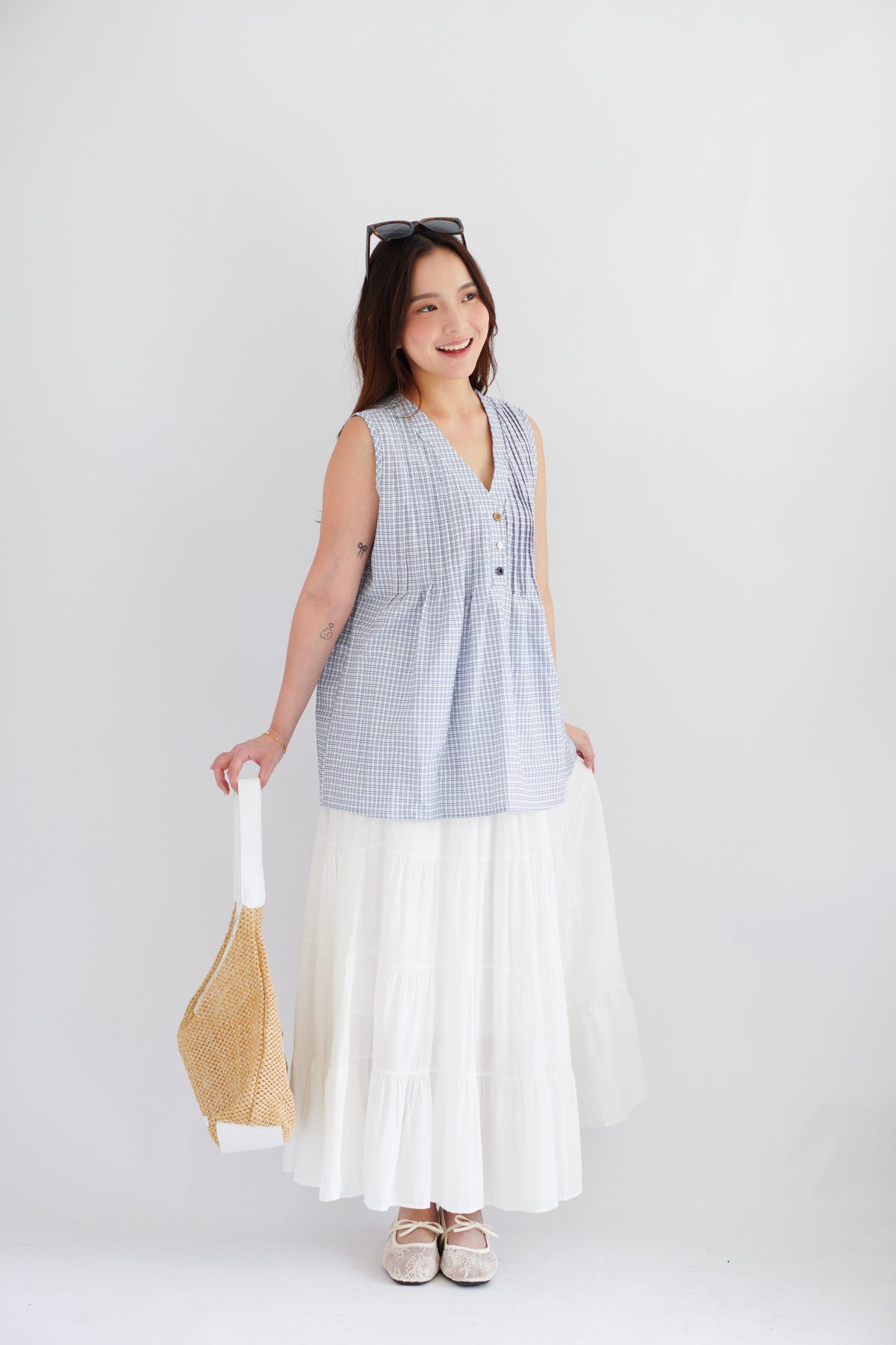 Marchie V Neck Flowy Windowpane Plaid Top