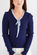Missha Ribbon Ruffles Knit Top in Dark Blue