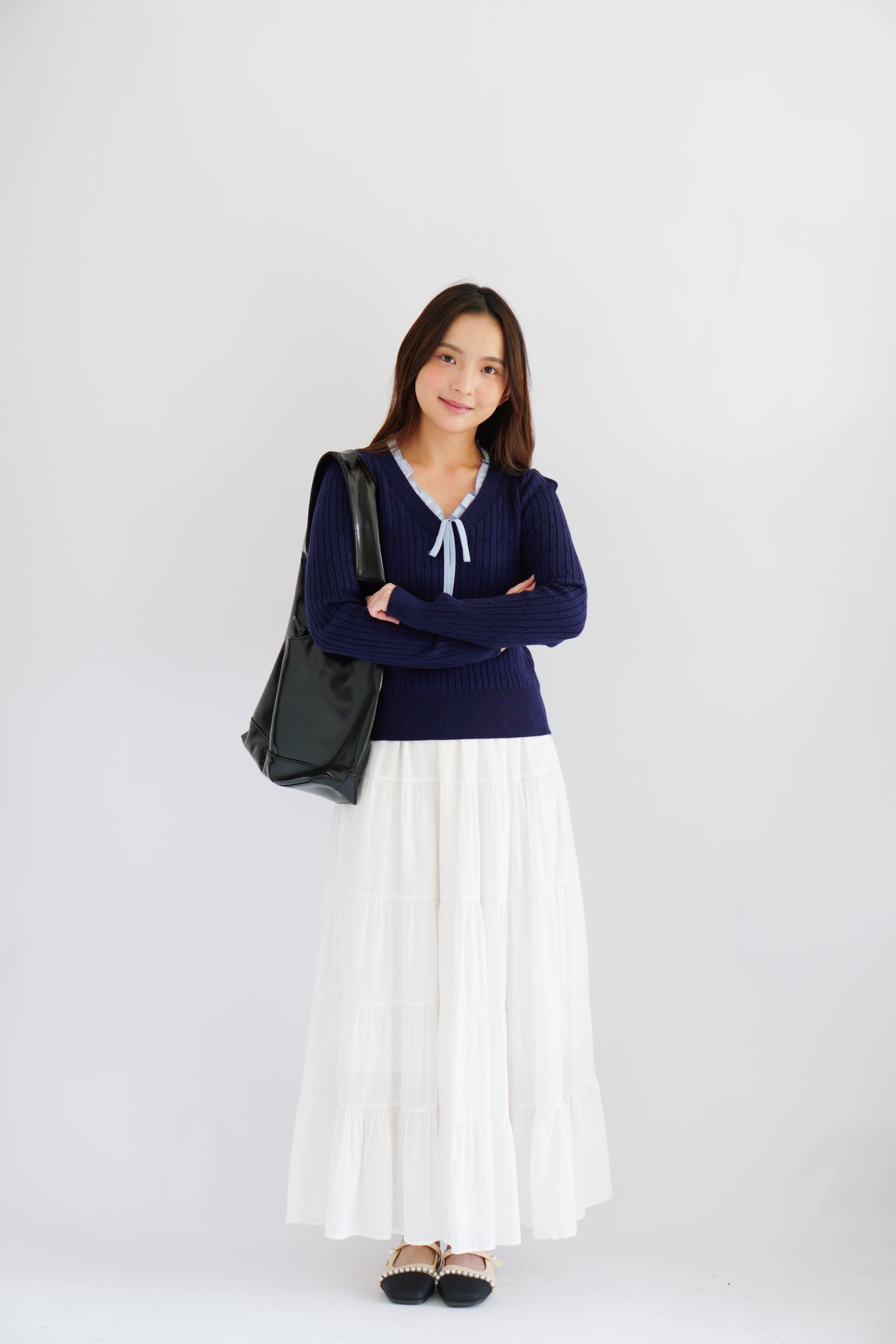 Missha Ribbon Ruffles Knit Top in Dark Blue