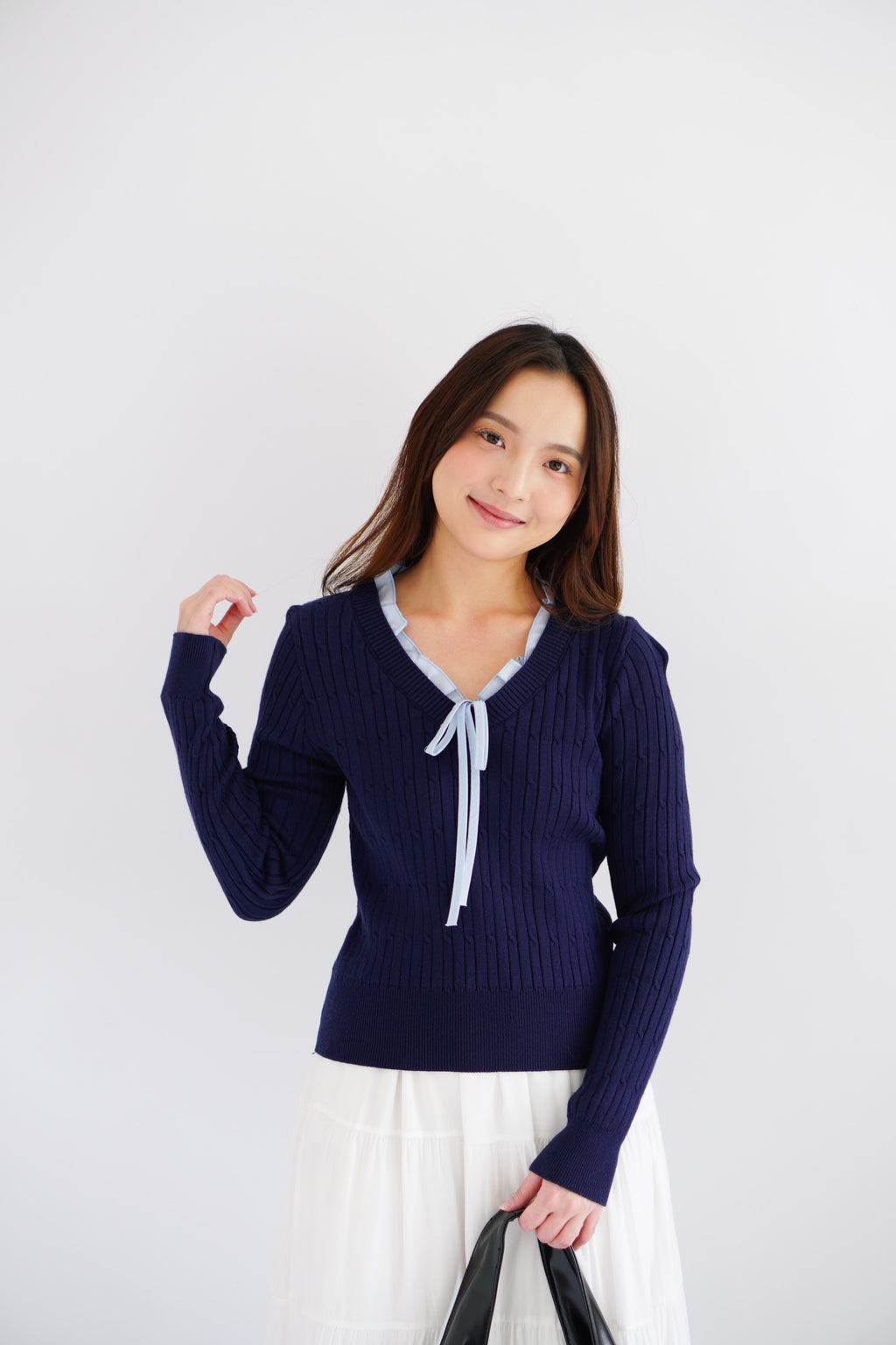 Missha Ribbon Ruffles Knit Top in Dark Blue