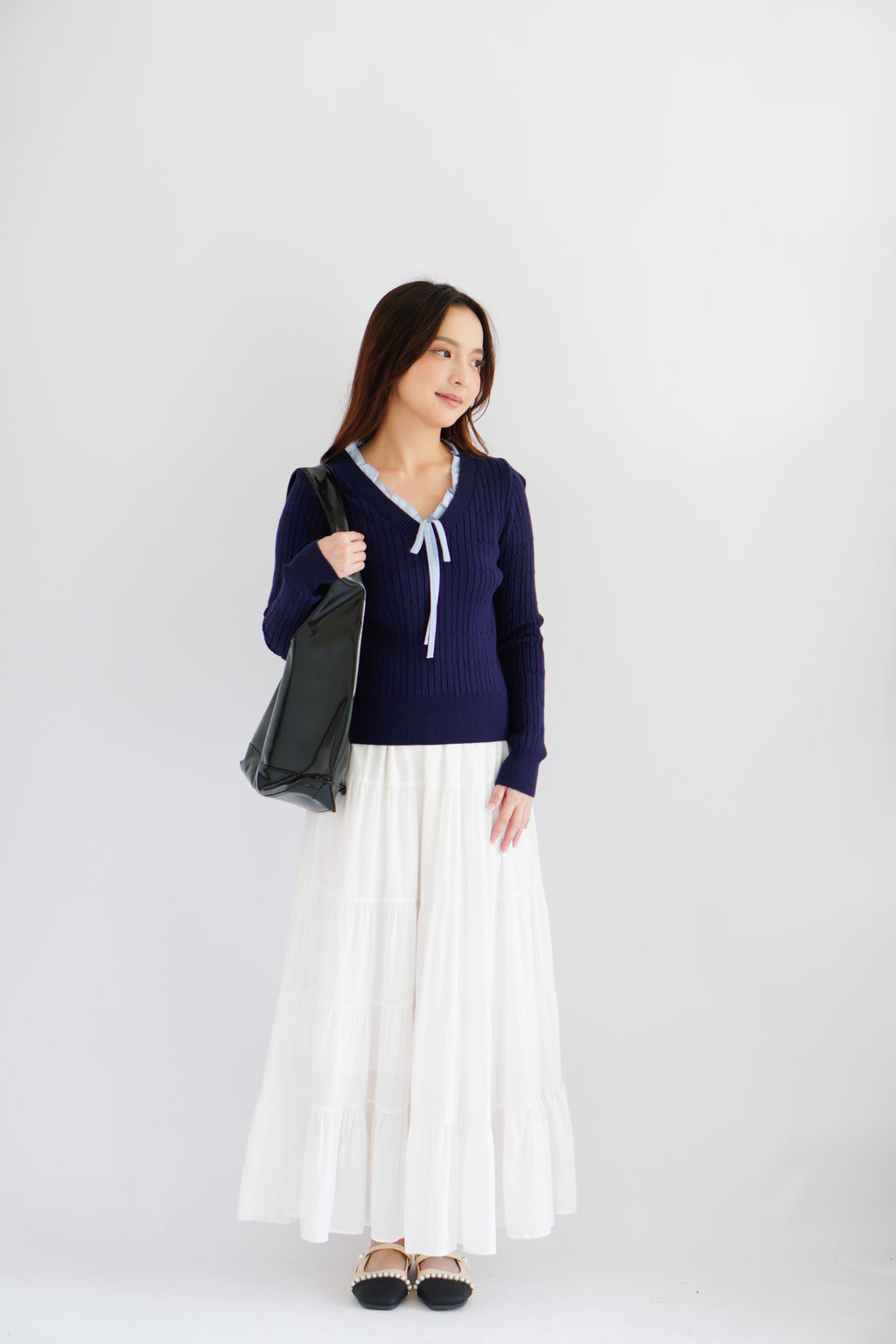 Missha Ribbon Ruffles Knit Top in Dark Blue